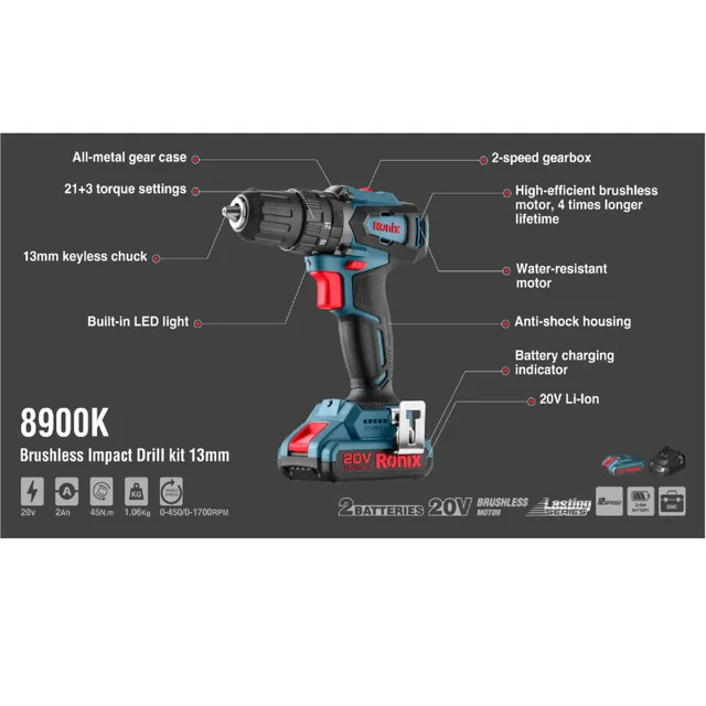 دریل پیچ گوشتی شارژی 20 ولت رونیکس مدل 8900K 101510138